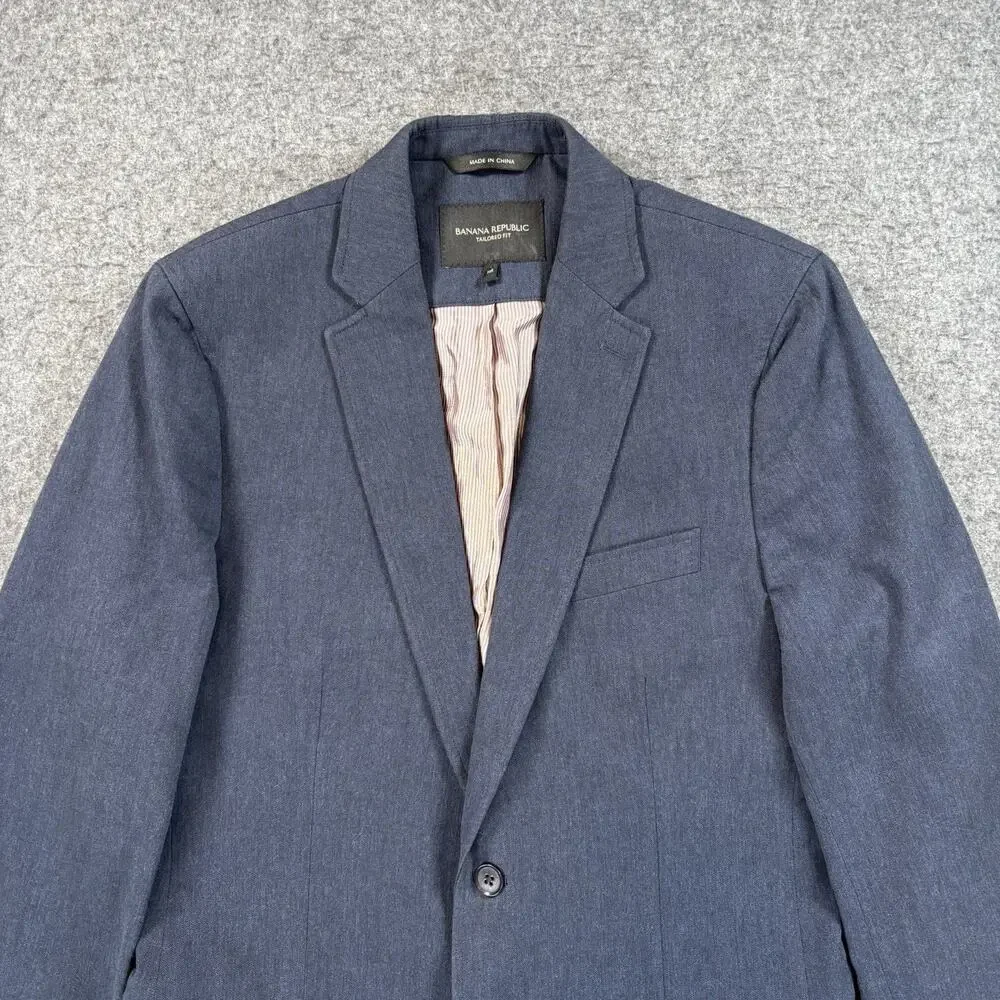 Banana Republic Mens 38R Tailored Fit Navy Blue Herringbone Cotton Blazer Jacket